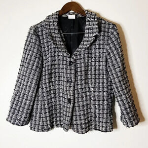 Vintage Tweed Knit Blazer Jacket Collared Plaid Sweater Size XL Office Fall